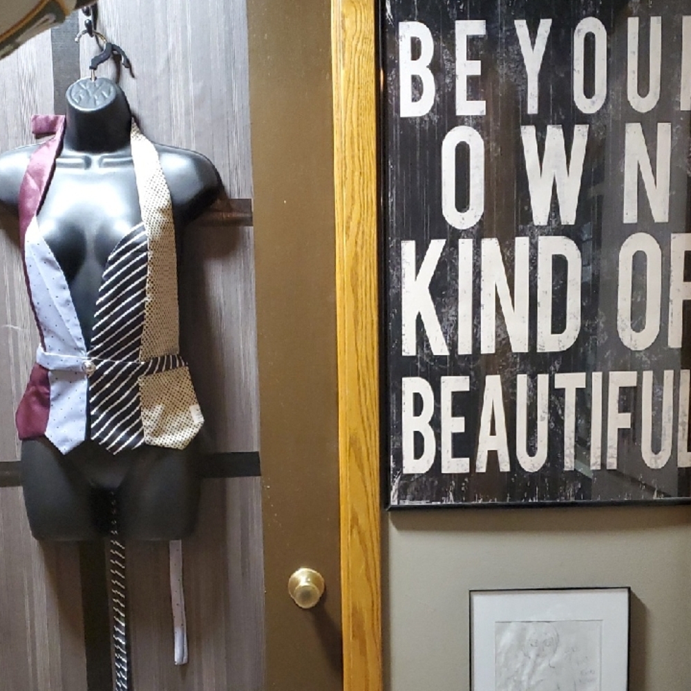 Patchwork Tie-Style Vest in Burgundy, Black & Cream